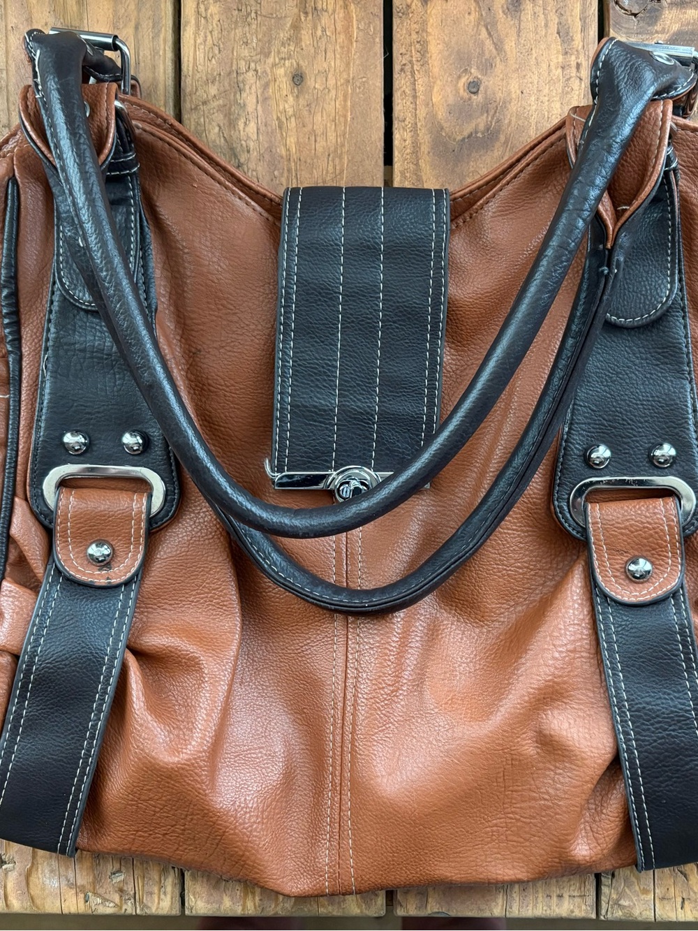 Two-Tone Tan and Black Leather Satchel Tote